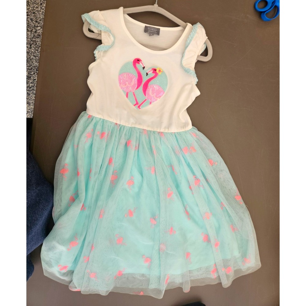 Berkley Jensen Girls Dress Size 8 White/Blue Fit & Flare Tulle Flamingo Polka